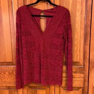 BKE Boutique VNeck Deep Burgundy Holiday Christmas Top Dressy Lined LaceyOverlay